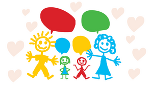 Titelbild der Einladung, Zeichnung mit einer Familie, Sprechblasen und Herzen Titelbild der Einladung, Zeichnung mit einer Familie, Sprechblasen und Herzen