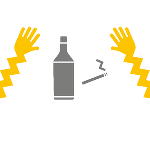 Symbolbild in Form einer gezeichneten Hand, einer Flasche und Zigarette