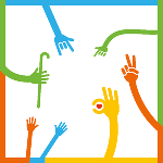 Symbolbild in Form von gezeichneten Händen in einem bunten Quadrat. 