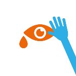 Stilisierte Illustration eines Auges mit Tränen und einer schützenden Hand.
