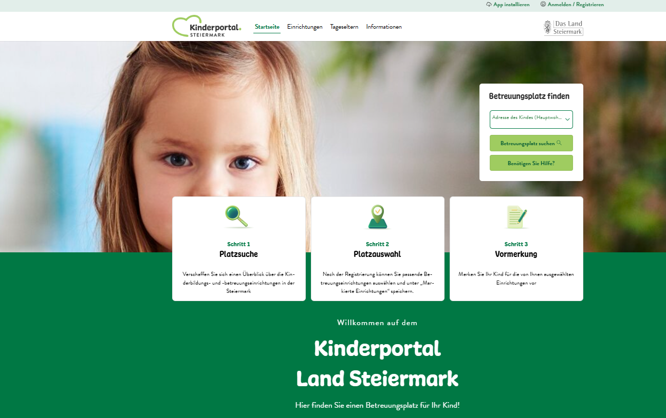 Screenshot der Startseite des 'Kinderportals Steiermark'. Zu sehen sind drei Schritte zur Suche nach Betreuungsplätzen.