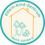 Logo Eltern-Kind-Zentrum Voitsberg mit diesem Wortlaut und einer Zeichnung eines Hauses samt einer Familie darin