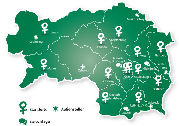 Karte der Steiermark mit Symbolen für Standorte und Sprechtage. Fokus auf regionale Erreichbarkeit.