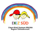 Logo Eltern-Kind-Zentrum Süd mit dem Wortlaut und einem Regenbogen, darunter ein Junge und ein Mädchen