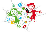 Zeichnung von Kindern und Symbolen diverser sozialer Medien, diese sind in einem Spinnennetz gefangen.