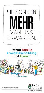 Titelblatt des Folders "Sie können mehr von uns erwarten, Referat Familie, Erwachsenenbildung und Frauen" samt grafischer Darstellung der Gesellschaft