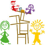 Zeichnung von Kindern, die auf aufgestapelten Stühlen sitzen als ein Symbol von Risiko 