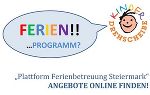 Logo der Kinderdrehscheibe mit Sprechblase Ferienprogramm und dem Hinweis, dass Angebote online gefunden werden können.