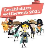 Schriftzug "Geschichtenwettbewerb 2021" mit den Bücherheld*innen Schriftzug "Geschichtenwettbewerb 2021" mit den Bücherheld*innen