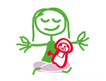 Zeichnung einer Frau im Yogasitz, vor ihr ein Kind.