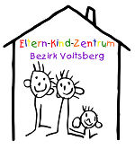 Logo Eltern-Kind-Zentrum Voitsberg mit diesem Wortlaut und einer Zeichnung eines Hauses samt einer Familie darin