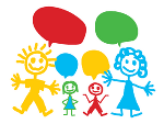 Symbolbild in Form einer Familie mit Kindern, darüber Sprechblasen