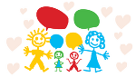 Titelbild der Einladung, Zeichnung mit einer Familie, Sprechblasen und Herzen