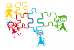 Symbolbild in Firm von bunten Puzzleteilen, die in einander greifen, daneben jeweils bunte Figuren