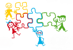 Symbolbild in Firm von bunten Puzzleteilen, die in einander greifen, daneben jeweils bunte Figuren Symbolbild in Firm von bunten Puzzleteilen, die in einander greifen, daneben jeweils bunte Figuren
