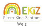 Logo EKIZ Weiz in Form des Schriftzuges und einem gezeichneten Regenbogen