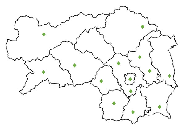 Steiermark-Karte mit eingezeichneten Punkten für die Eltern-Kind-Zentren