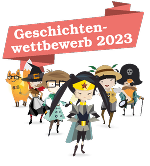 Logo in Form des Schriftzuges "Geschichtenwettbewerb 2023" samt der Darstellung der 6 Bücherheld*innen