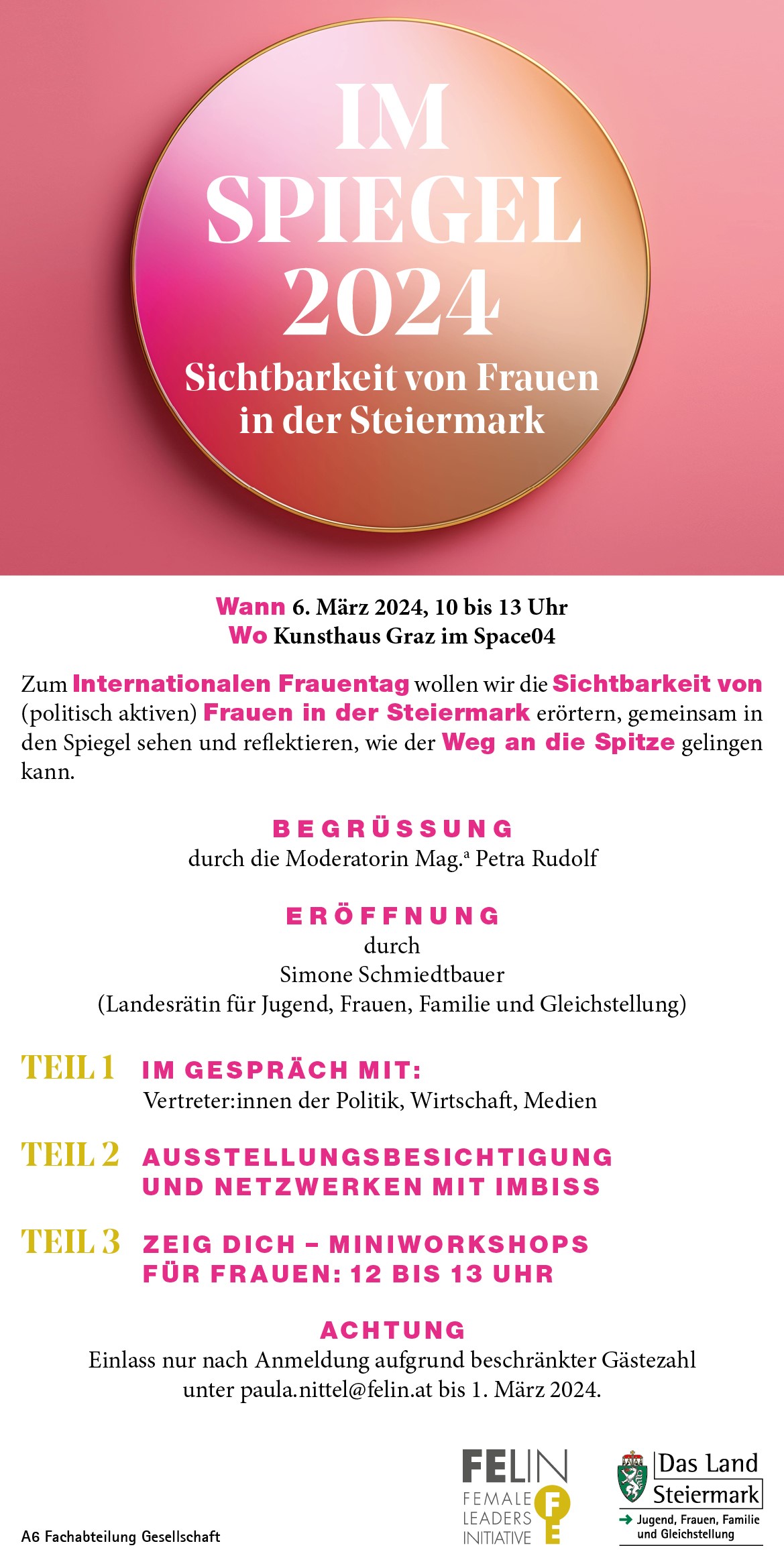 Einladung zur Veranstaltung Im Spiegel 2024 - Sichtbarkeit von Frauen in der Steiermark am 06.03.2024, 10.00 - 13.00 Uhr im Kunsthaus Graz. 