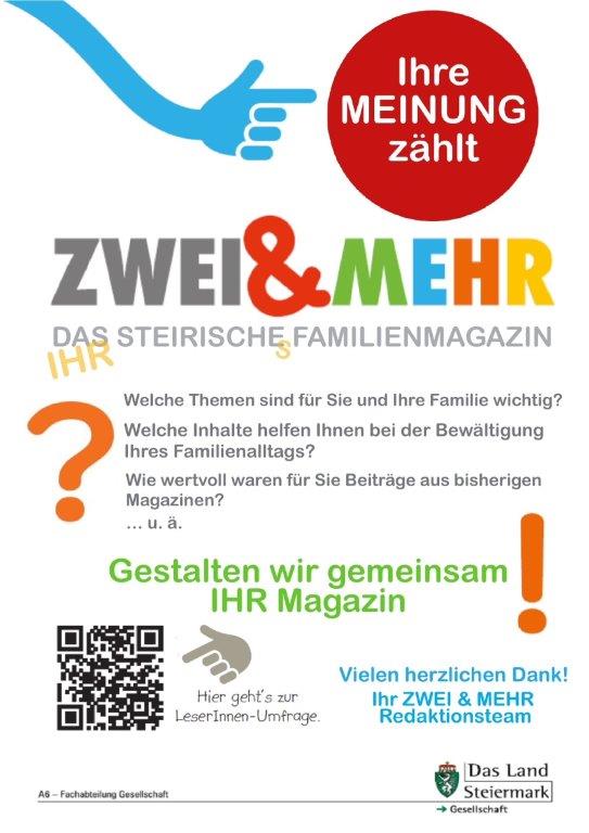 Flyer zur Teilnahme an der Leser*innen-Umfrage ZWEI & MEHR-Familienmagazin