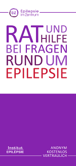 Lila-weißer Folder mit dem Titel: Rat und Hilfe bei Fragen rund um Epilepsie